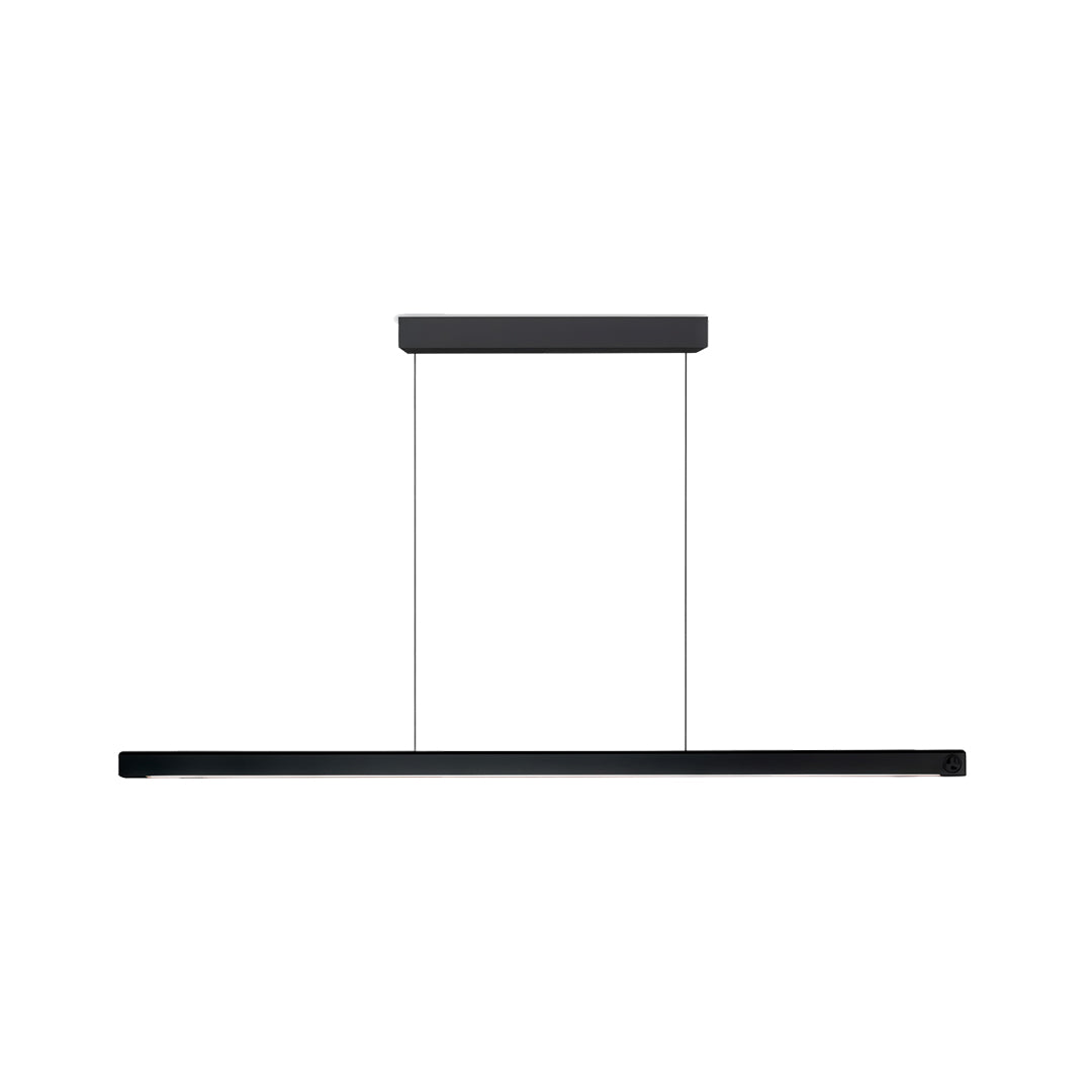 Side profile of black linear suspension lighting fixtures with minimalist suspended linear form.