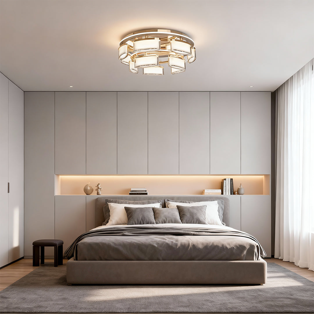 Linear suspension lighting installed as flush mount in modern gray bedroom creating elegant ambient illumination