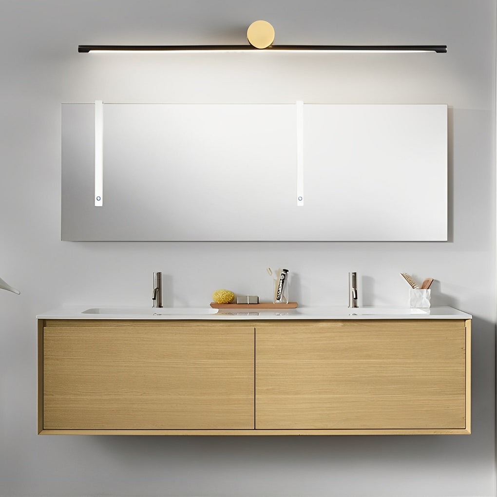 Linear vanity light bar providing even lighting above double bathroom mirrors