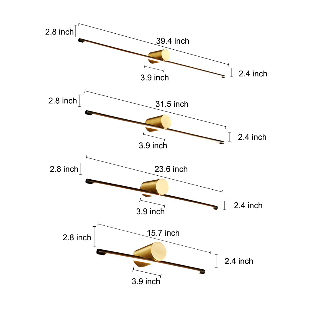 Linear vanity light bar size and dimension chart with multiple length options