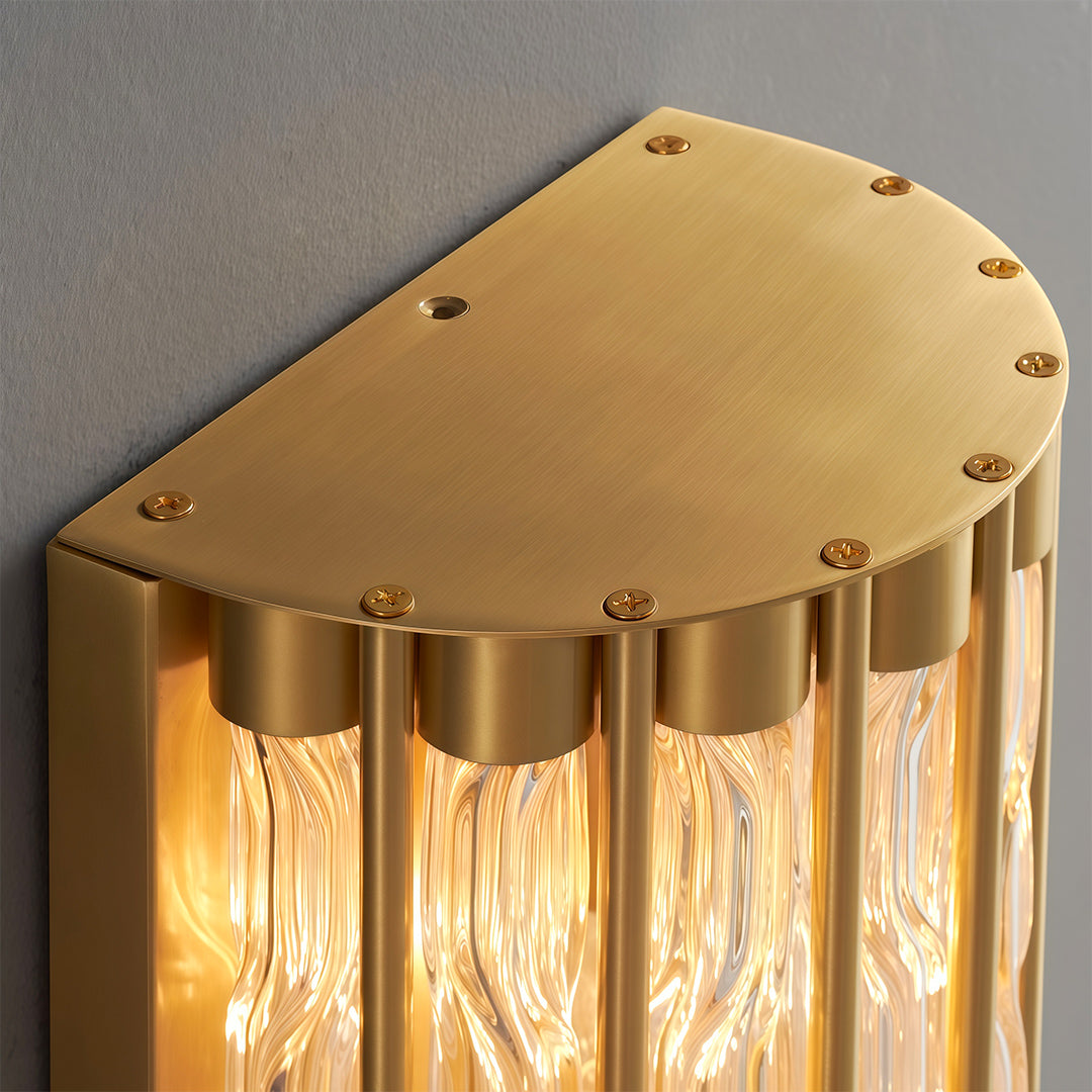 Modern luxury linear wall light inspired wall mounted hanging light close-up showcasing brass and crystal detail.