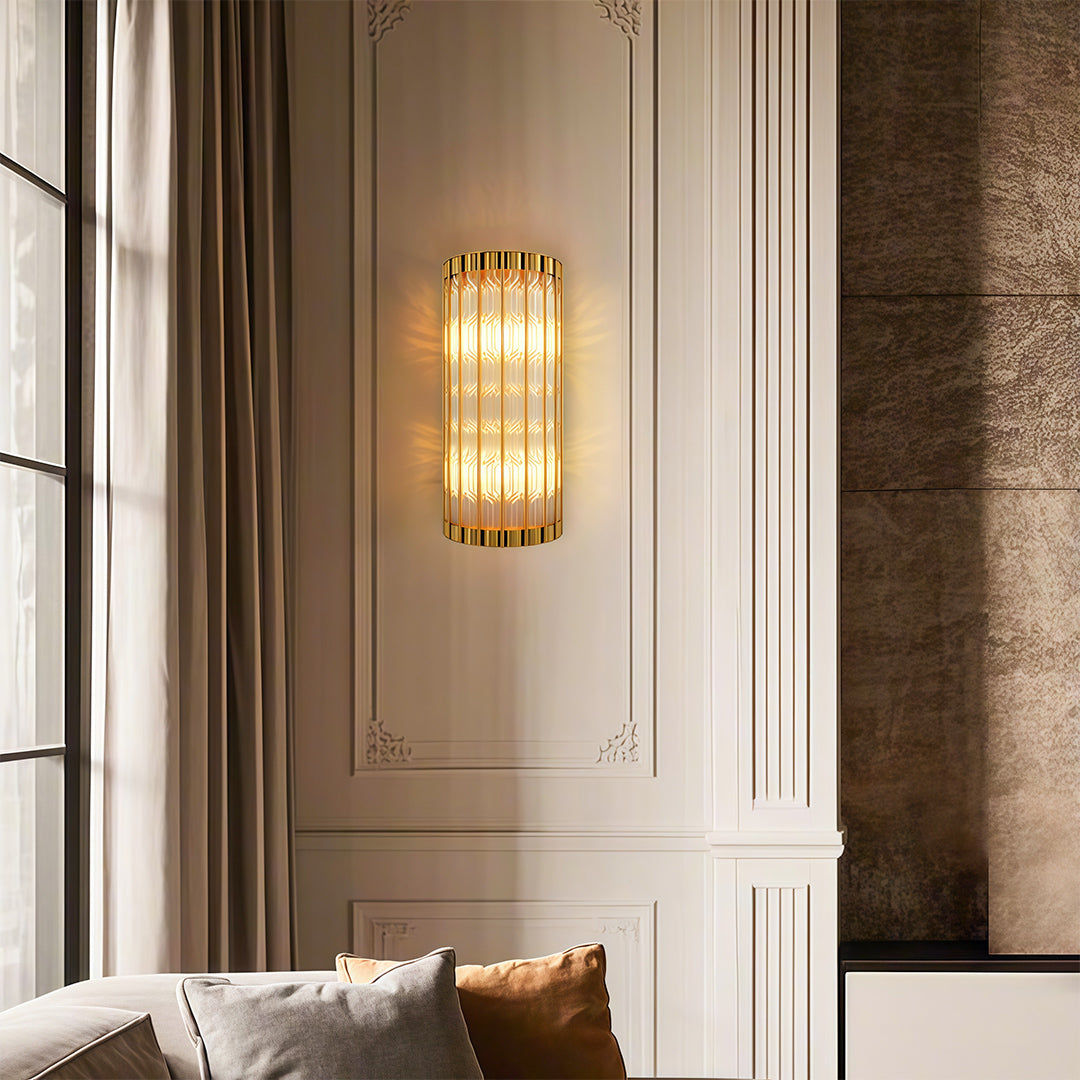 Linear wall light enhancing elegant bedroom with paneled walls and neutral tones.