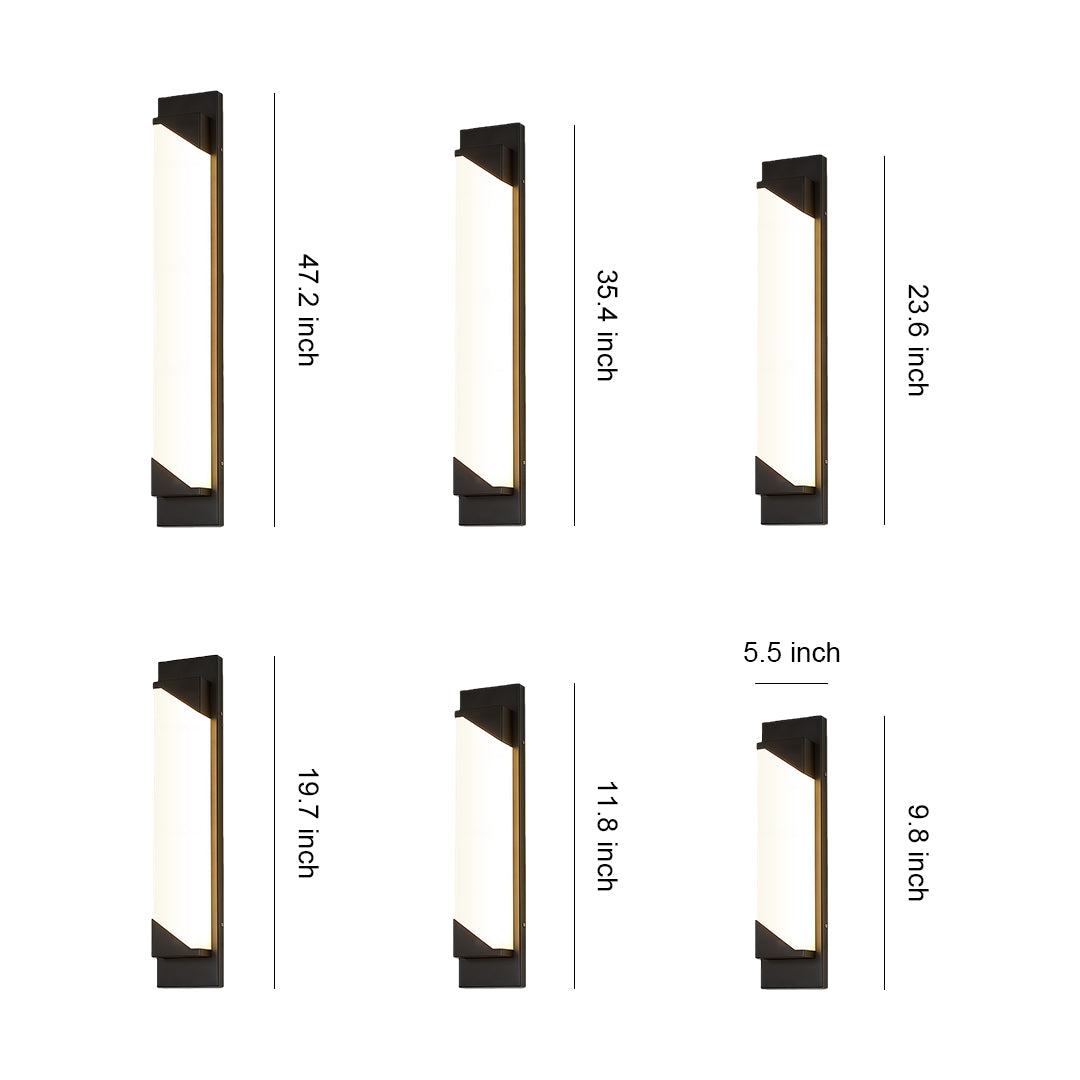 Linear wall light outdoor with glass shade chandelier inspired design showing multiple sizes in vertical angular form with black finish.