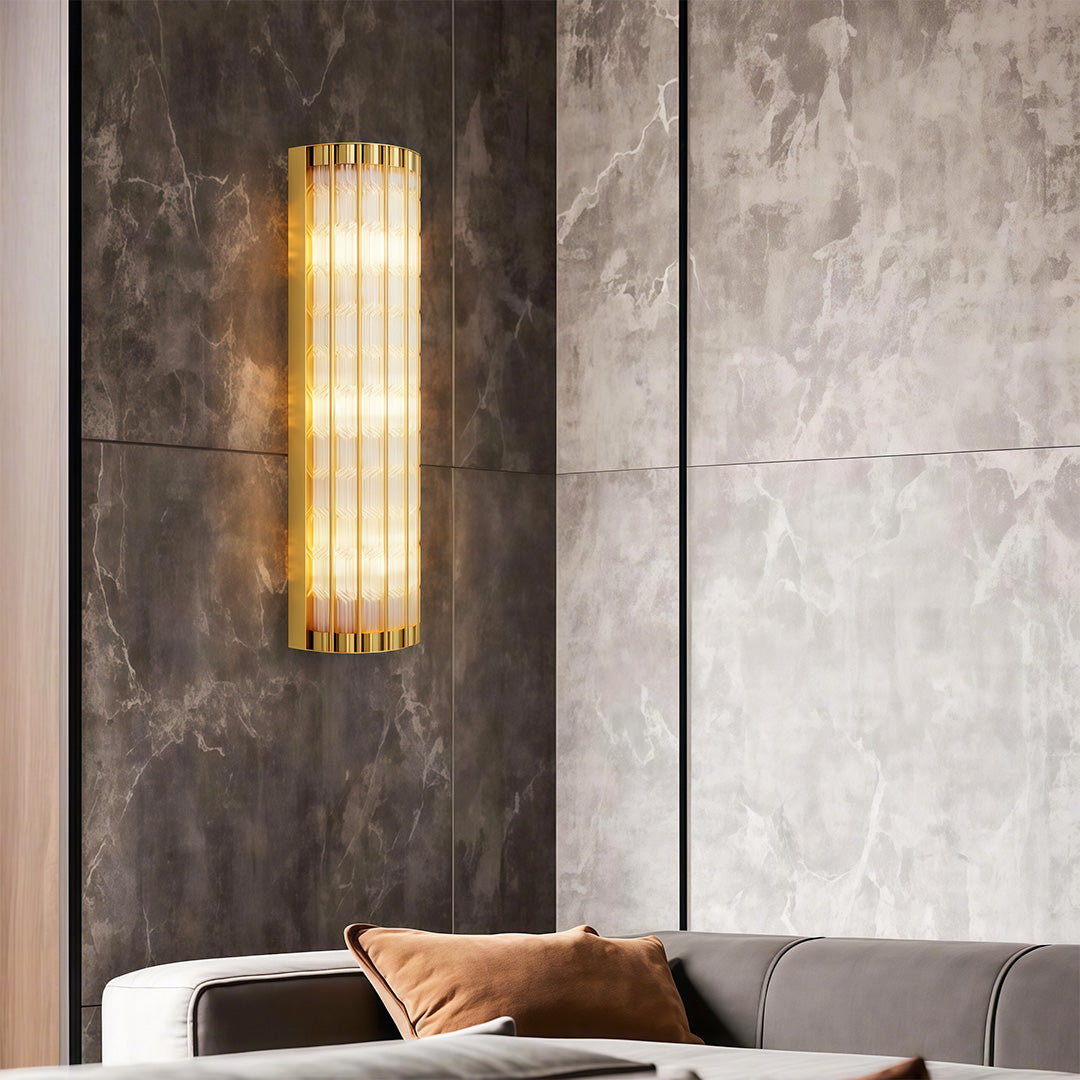 Modern luxury linear wall light style wall mounted hanging light creating warm glow in bedroom.
