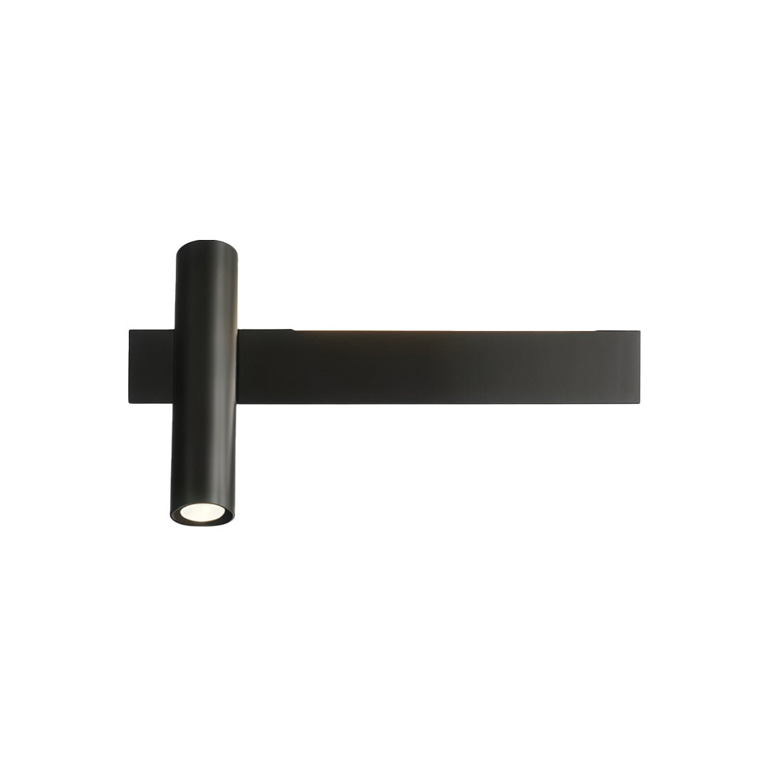 Minimalist black linear wall sconces with sleek horizontal arm and cylindrical spotlight fixture.