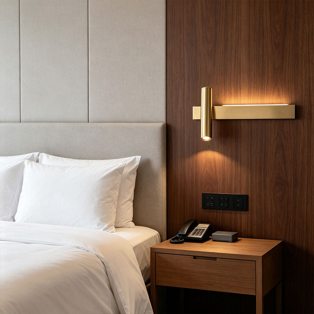 Contemporary linear wall sconces mounted above bedside table with warm LED glow and wood panel backdrop.
