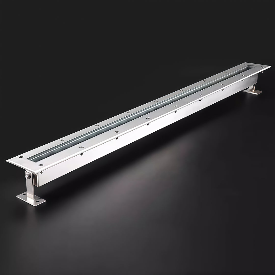 Front view of silver LED linear wall washer light with strong beam.