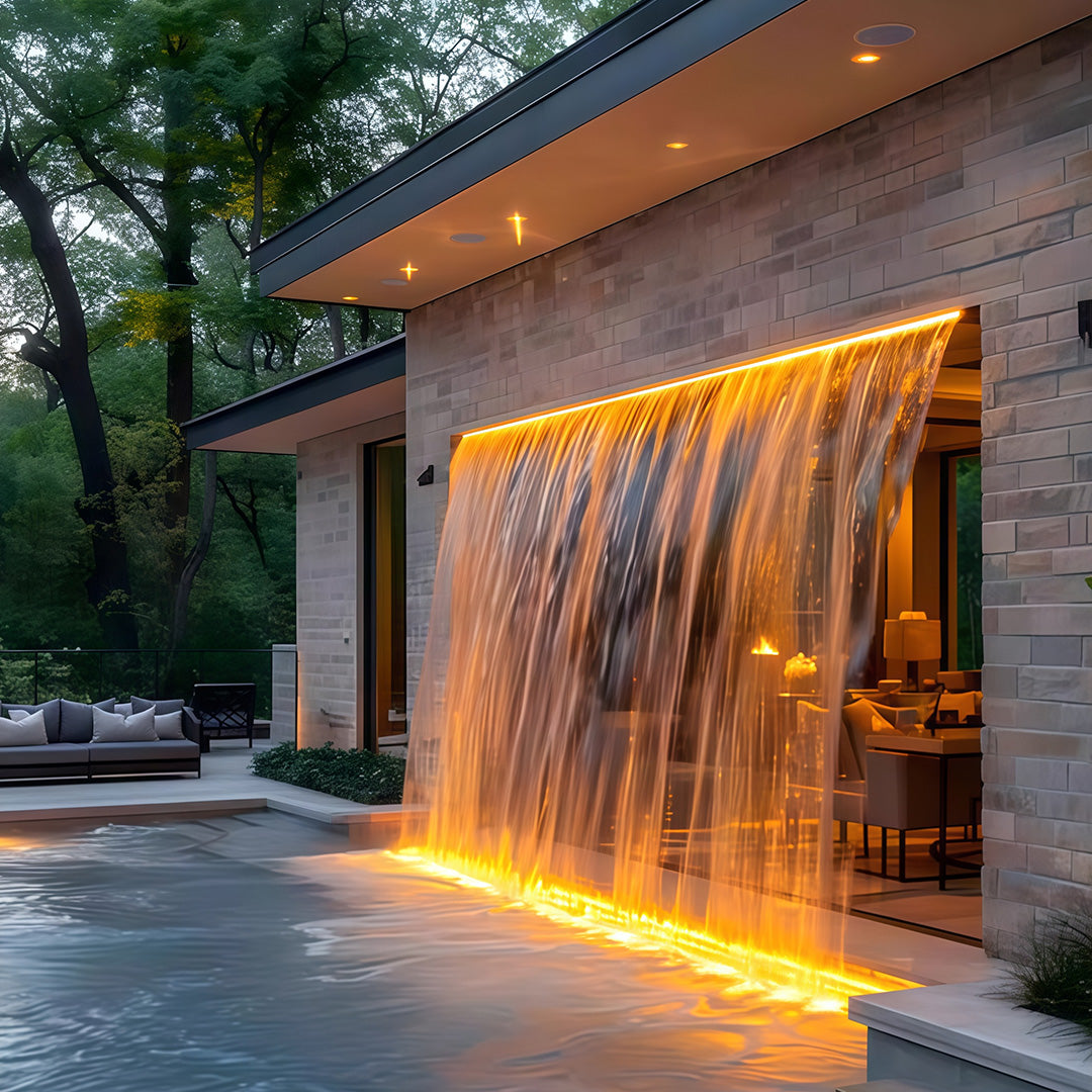 Exterior wall lit by amber LED linear wall washer lights.