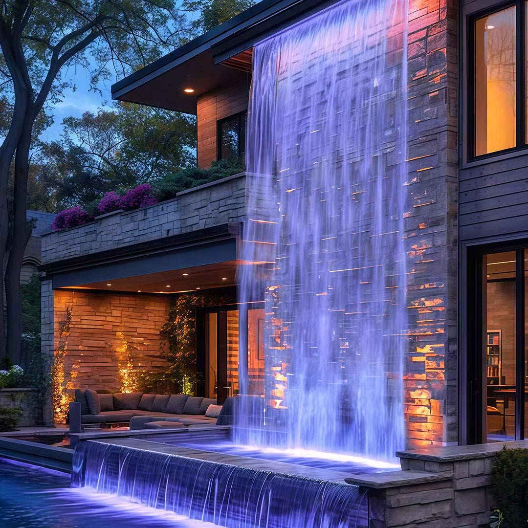 Blue LED linear wall washer light illuminating an outdoor waterfall.