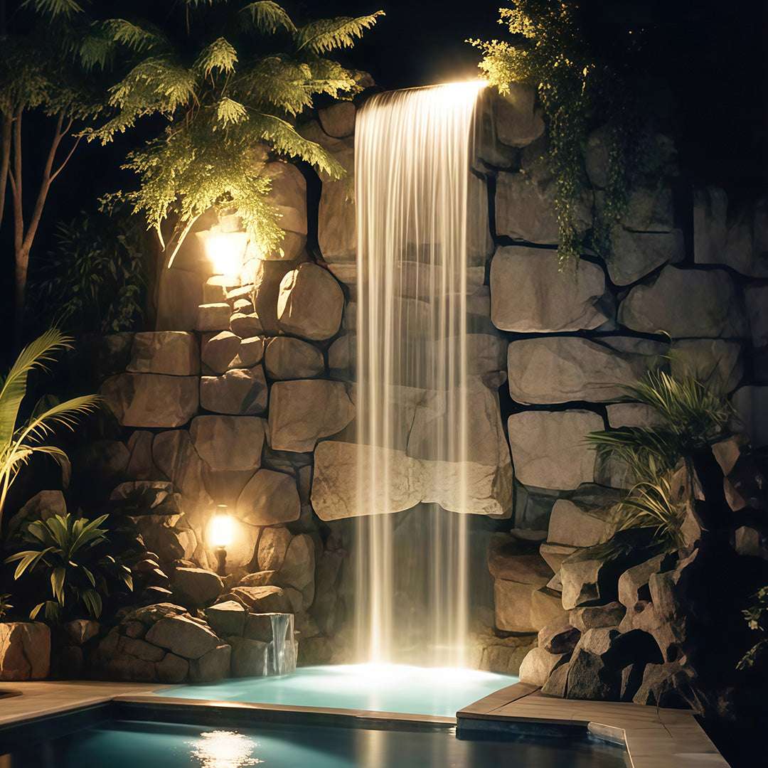 Outdoor landscape with linear wall washer lights highlighting a waterfall.