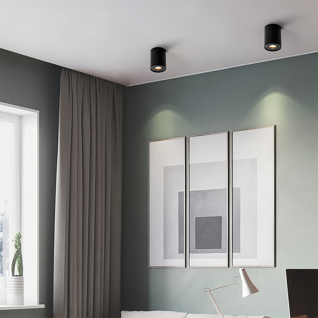 Modern living room interior showcasing black surface mounted downlight fixtures for ambient lighting