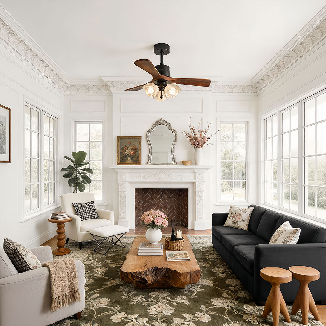 Ceiling fan with LED lighting installed in a bright traditional living room with dark wood blades.