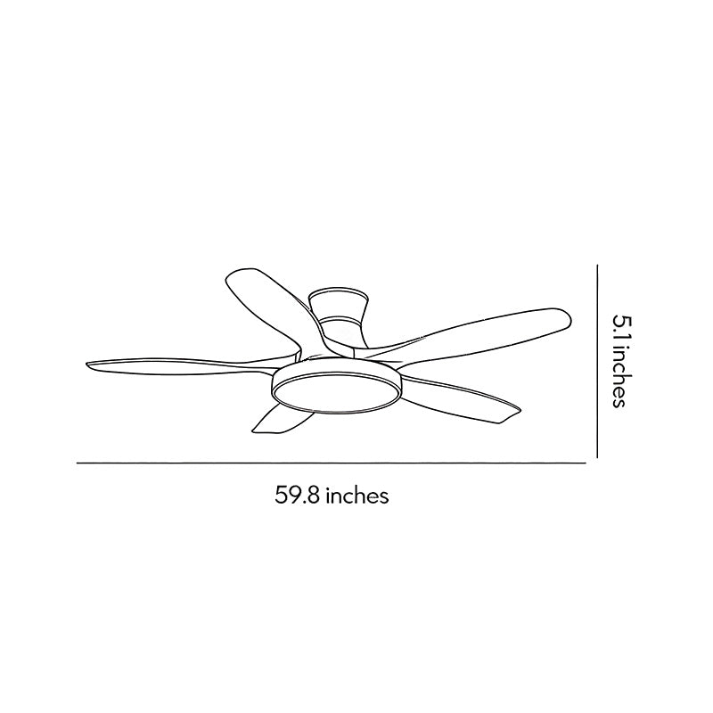 Technical line drawing of a living room ceiling fan with lights, showing blade span and dimensions for installation reference.