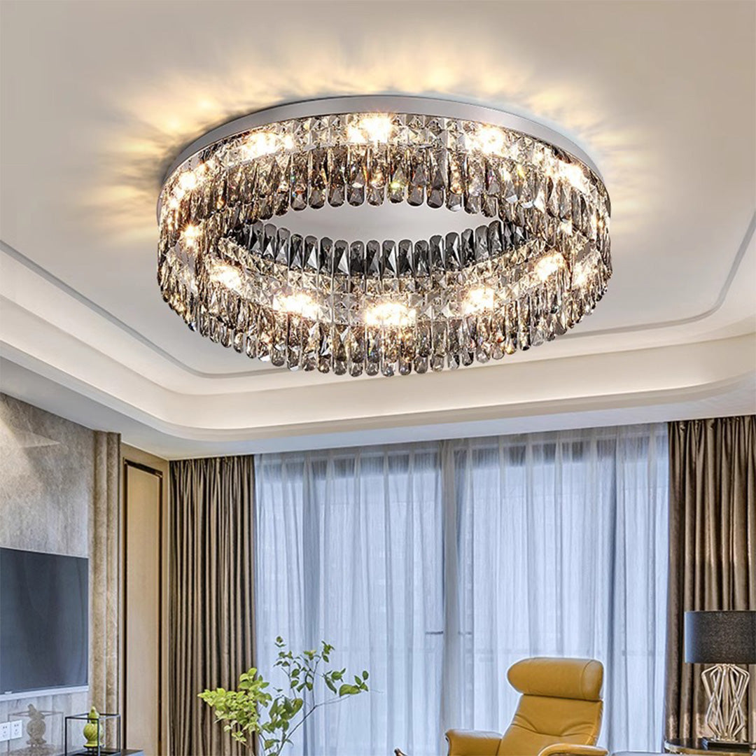 Modern living room interior showcasing stunning ceiling round led lights crystal chandelier installation