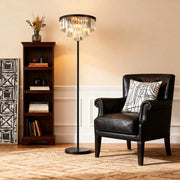 Modern living room with floor crystal lamp, stylish lighting next to a cozy armchair