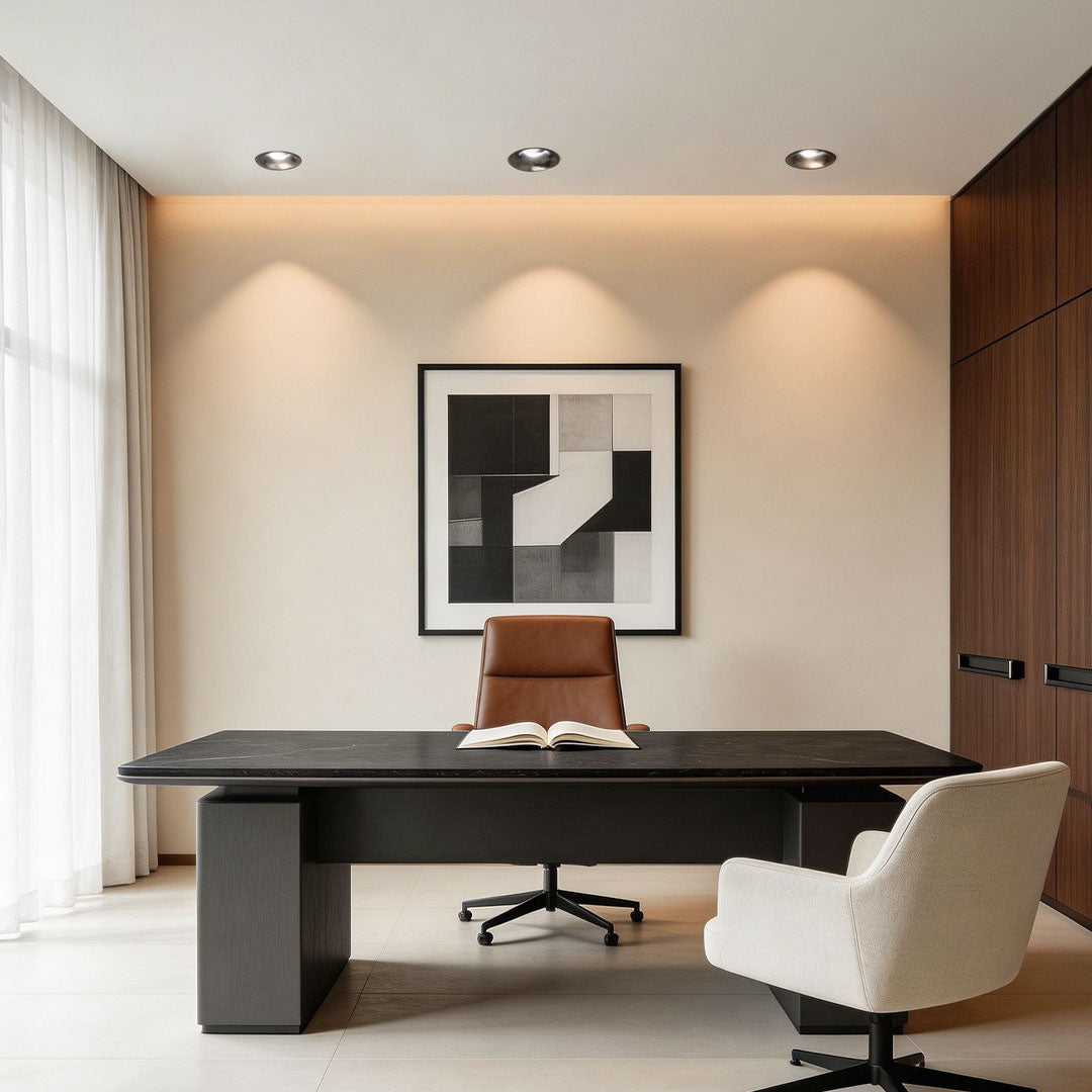 Modern living room with recessed LED spotlights illuminating a minimalist space.