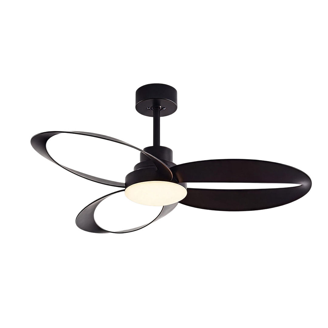 Modern ceiling fans with light featuring wood loop blades installed in a bright living room.