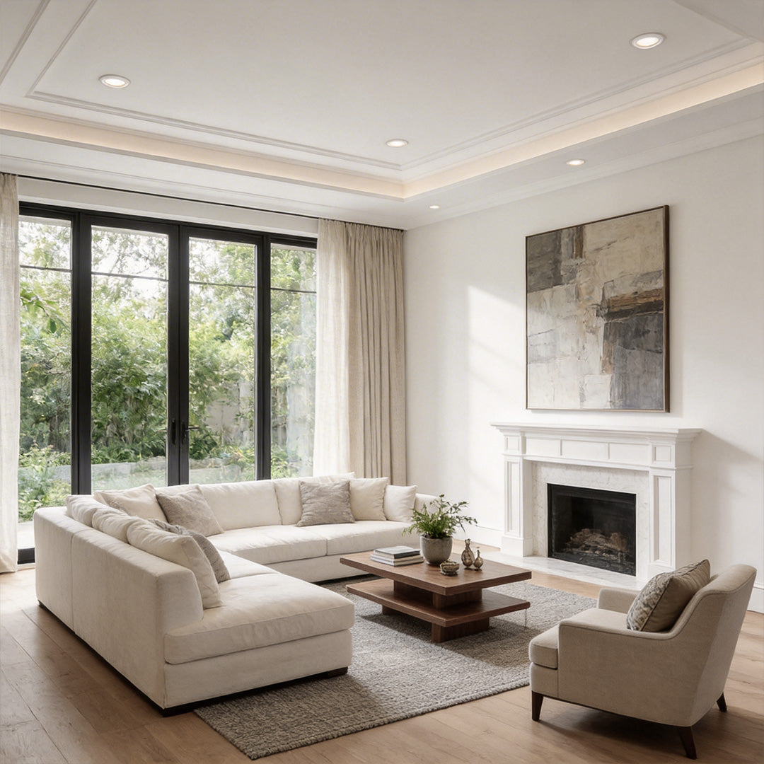 Elegant living room featuring recessed ceiling spotlights for a modern minimalist ambience.