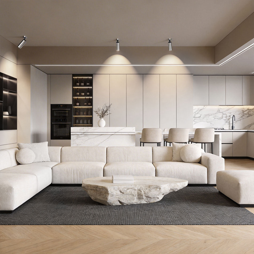 Modern living room with spotlight light fixture on ceiling illuminating the seating area.