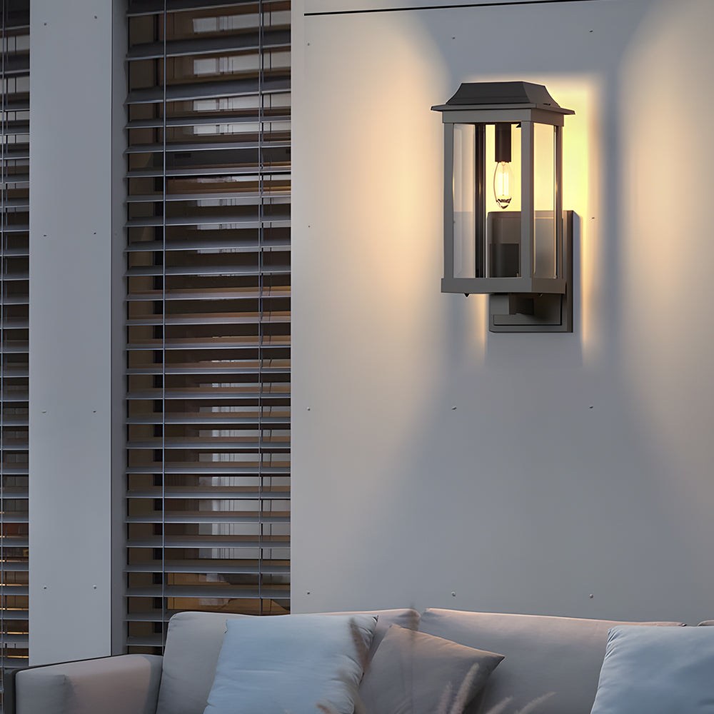 Elegant living room interior enhanced by sophisticated wall-mounted lantern providing ambient accent lighting