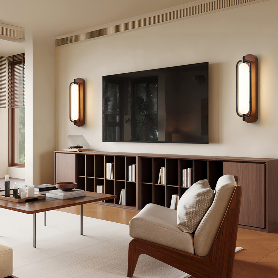 Wall mount outdoor solar lights arranged on a living-room wall near a TV setup.