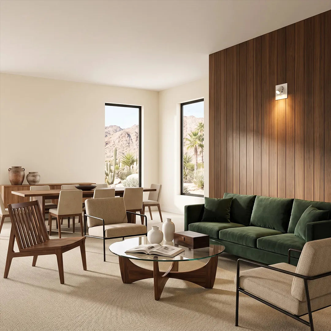 Wall mounted LED reading light installed in a contemporary living room with warm wood walls.
