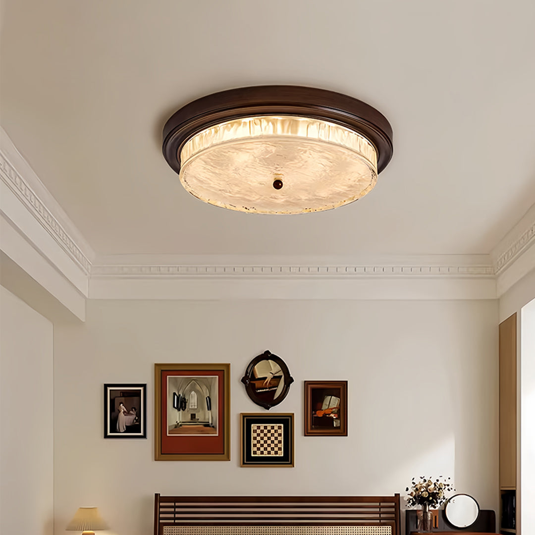 Wood flush mount ceiling light installed in elegant living room with classic interior design