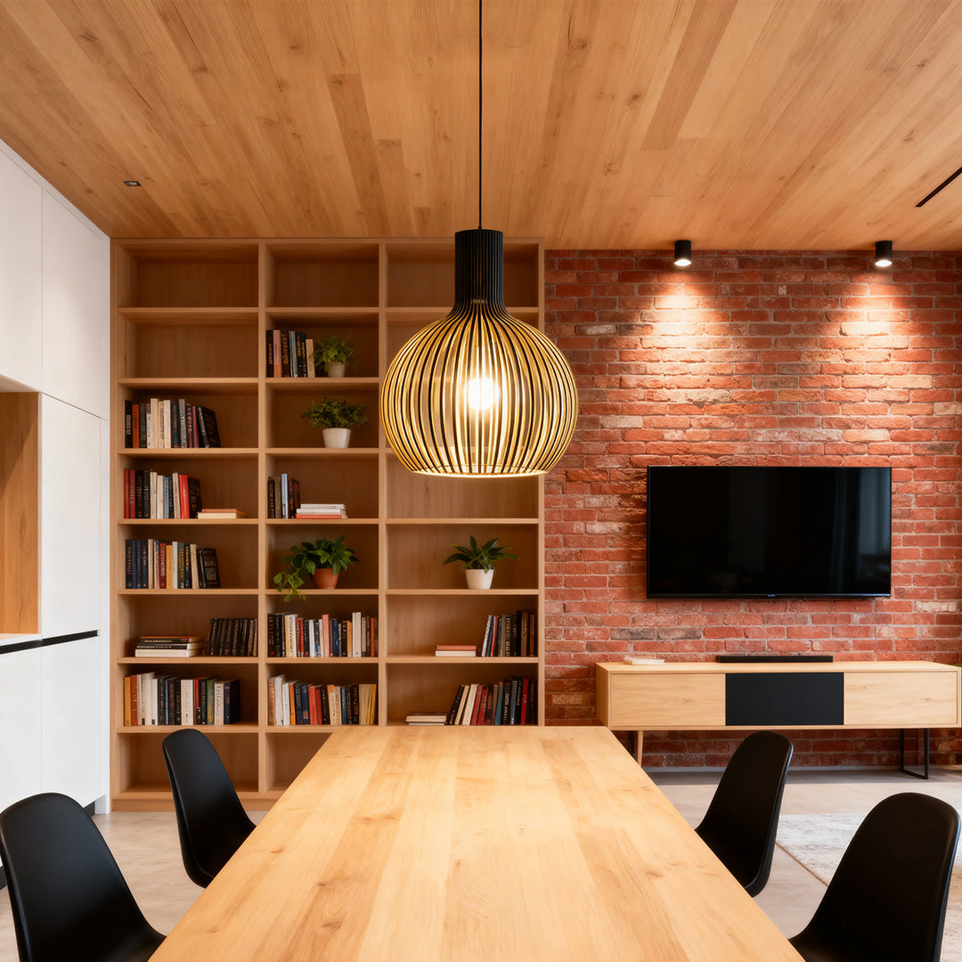 Contemporary living room with wooden bird cage pendant light, stylish and rustic ceiling fixture