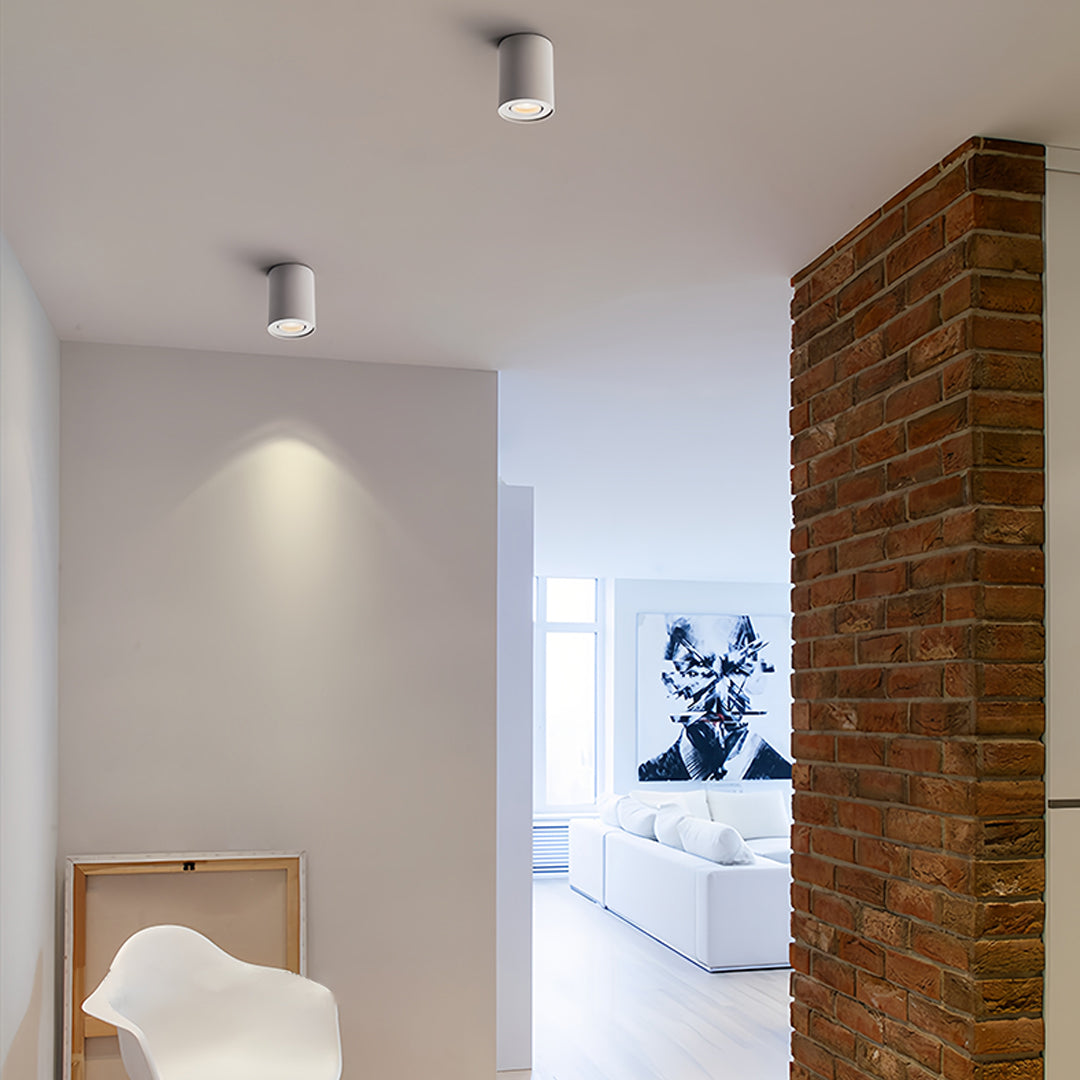 Contemporary living space featuring black surface mounted downlight installation with stylish design