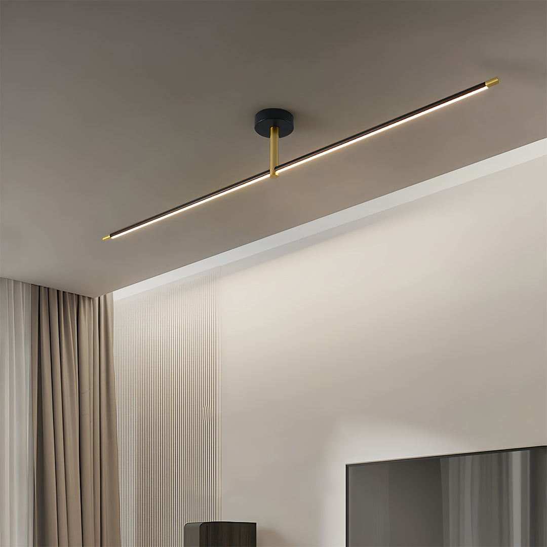 Sophisticated linear semi flush mount light creating dramatic ceiling accent in contemporary living space