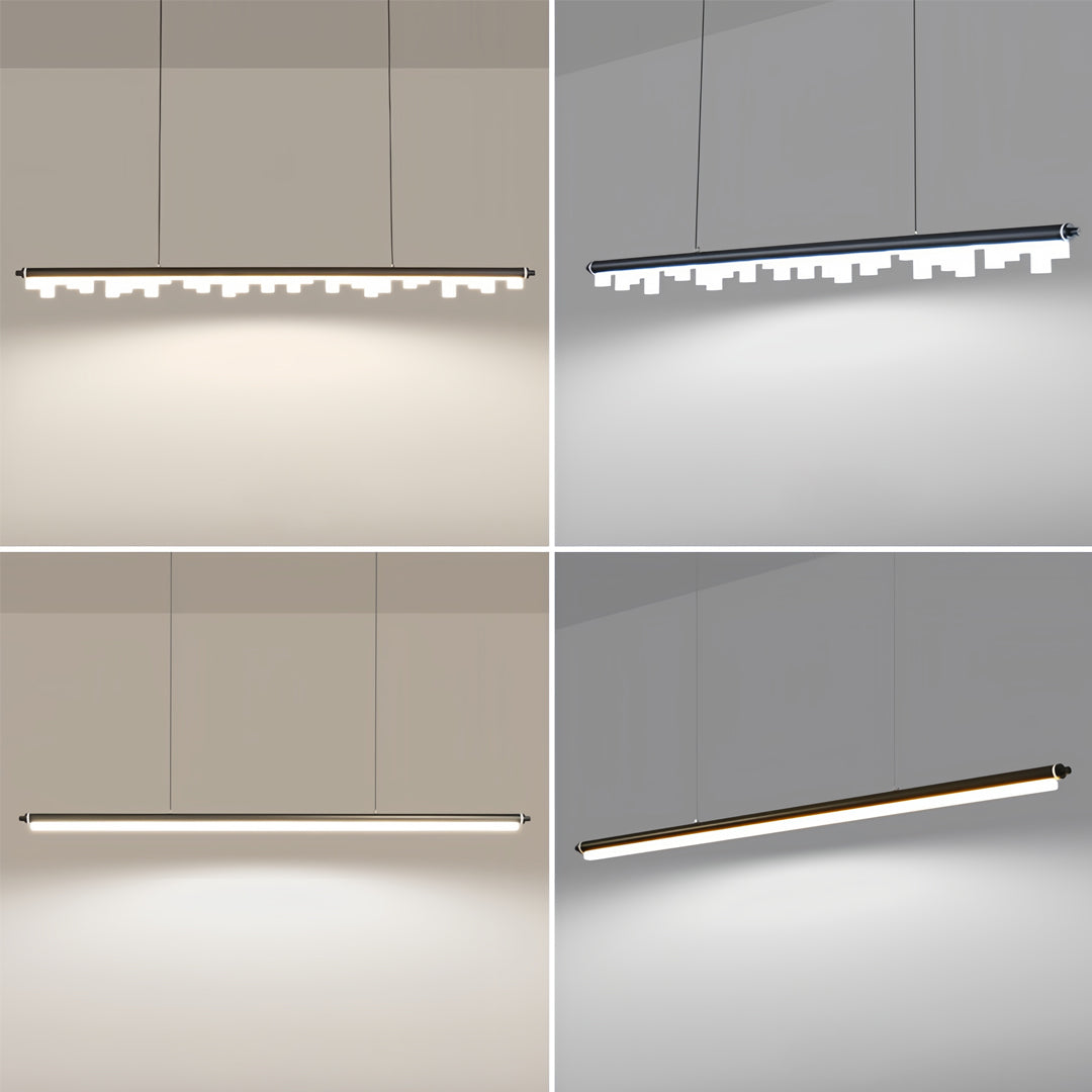 Long black metal pendant light with pixelated LED pattern creating modern artistic lighting