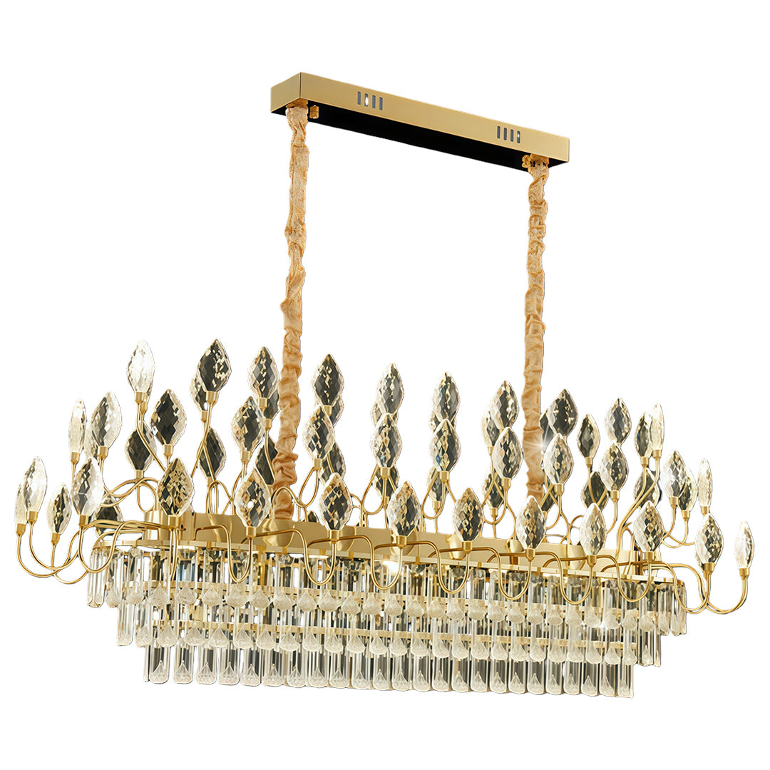 Long LED ceramic chandelier in gold with crystal embellishments.