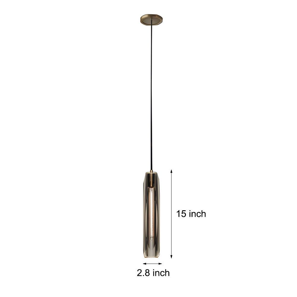 Dimension drawing of a long crystal pendant light showing a 15 inch height and 2.8 inch width.