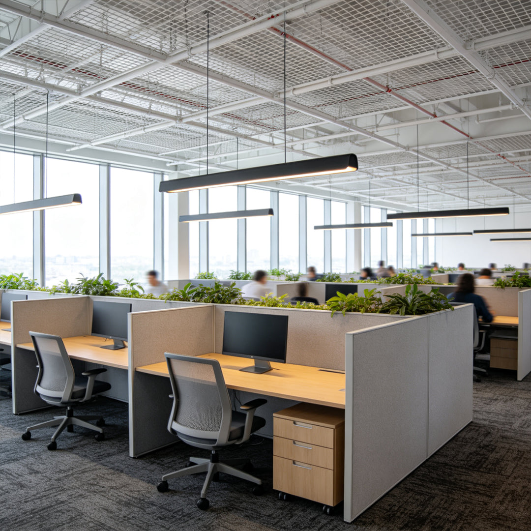 Long LED linear suspension light installed in a modern open office environment.