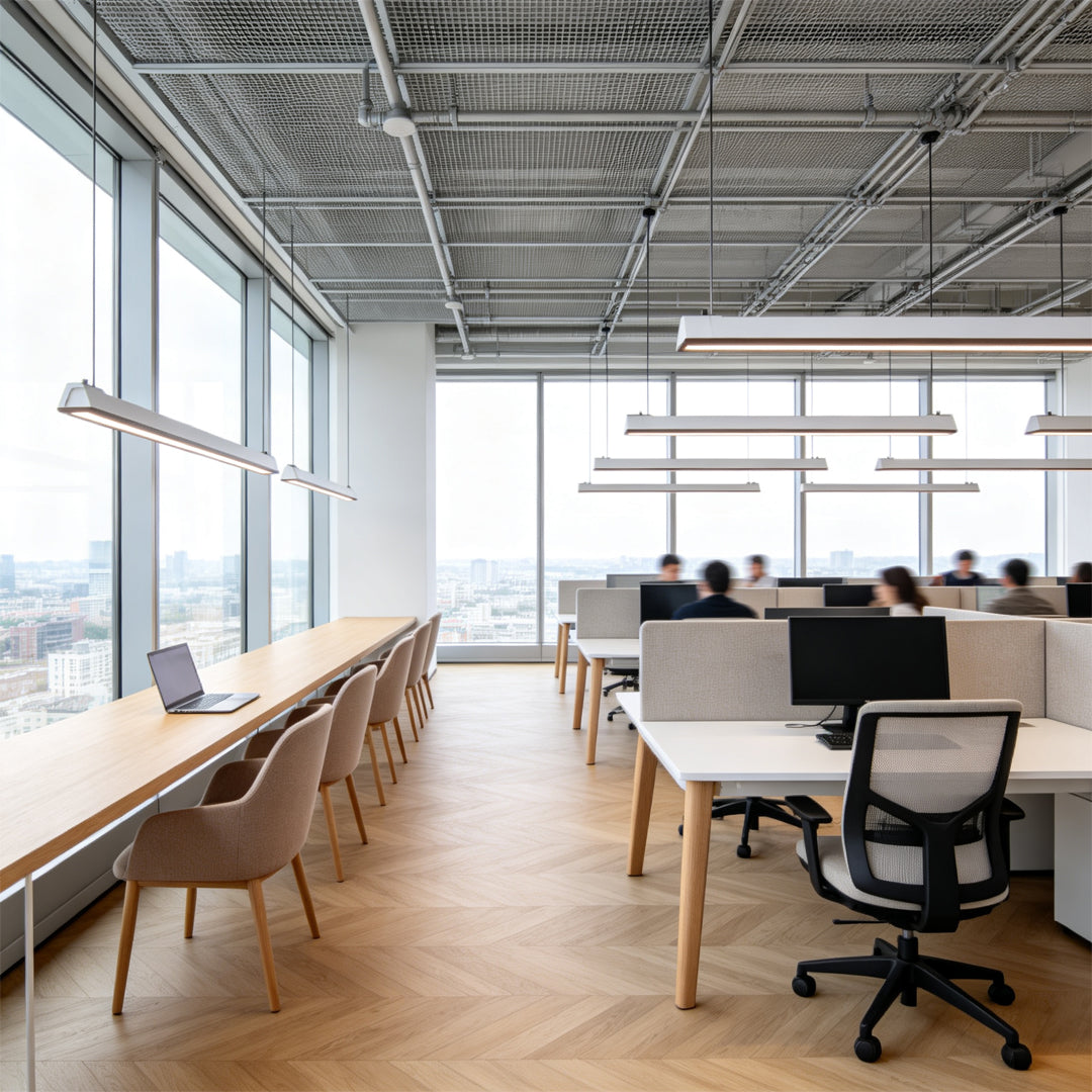 Long LED linear suspension lighting installed in a modern commercial office space.