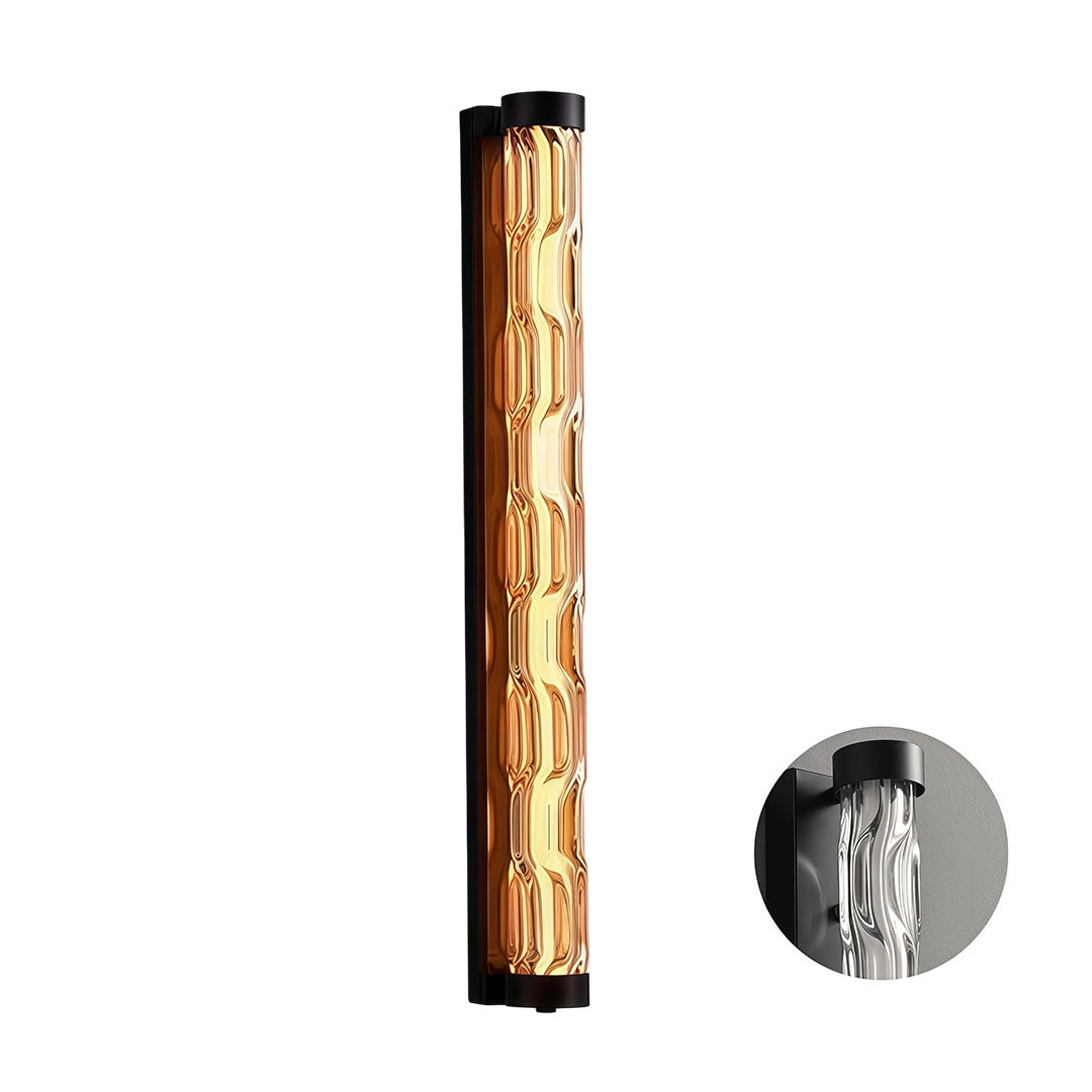 Long LED linear wall light with a black frame and clear textured glass diffuser.