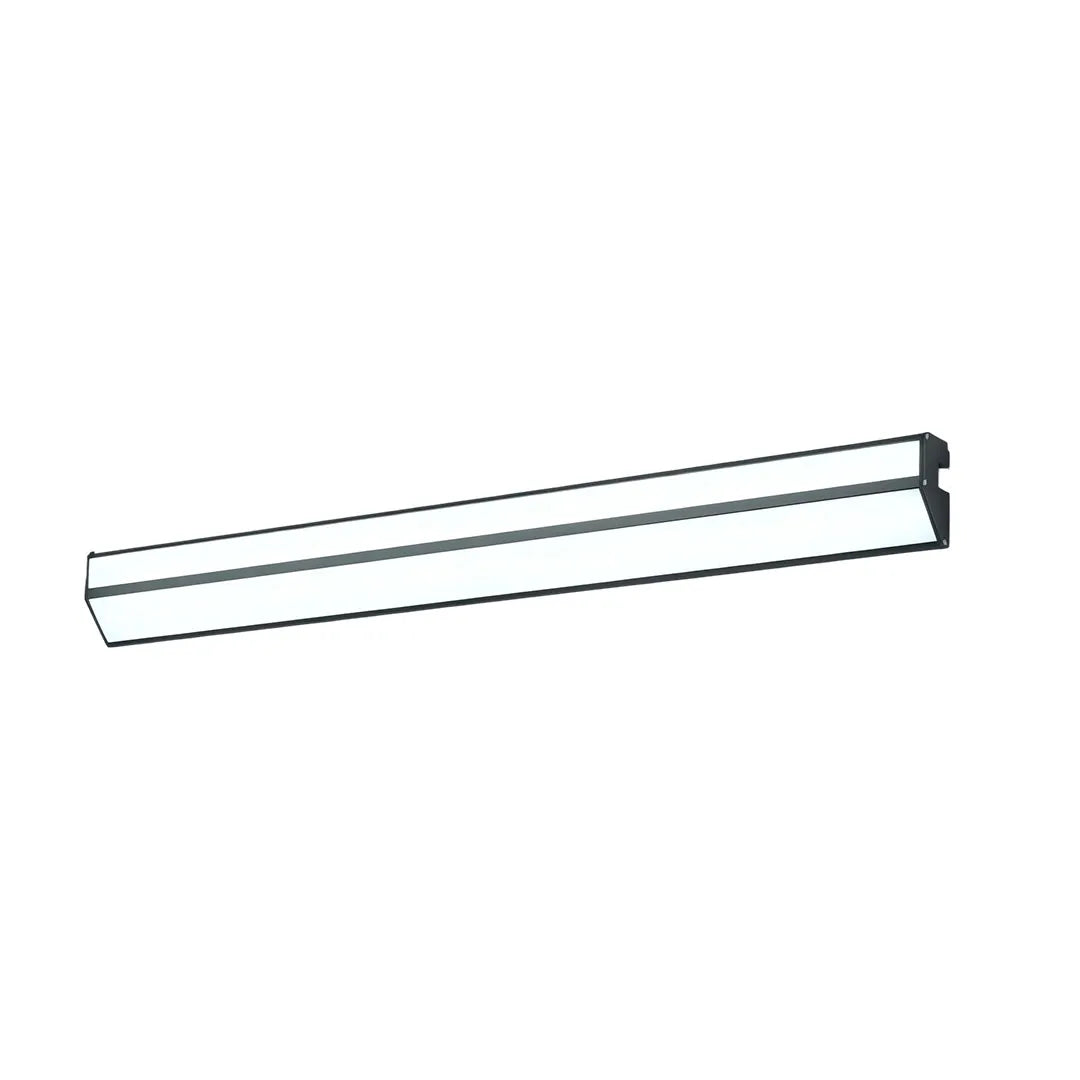 Long LED linear wall sconce in a white background product view with cool white illumination.