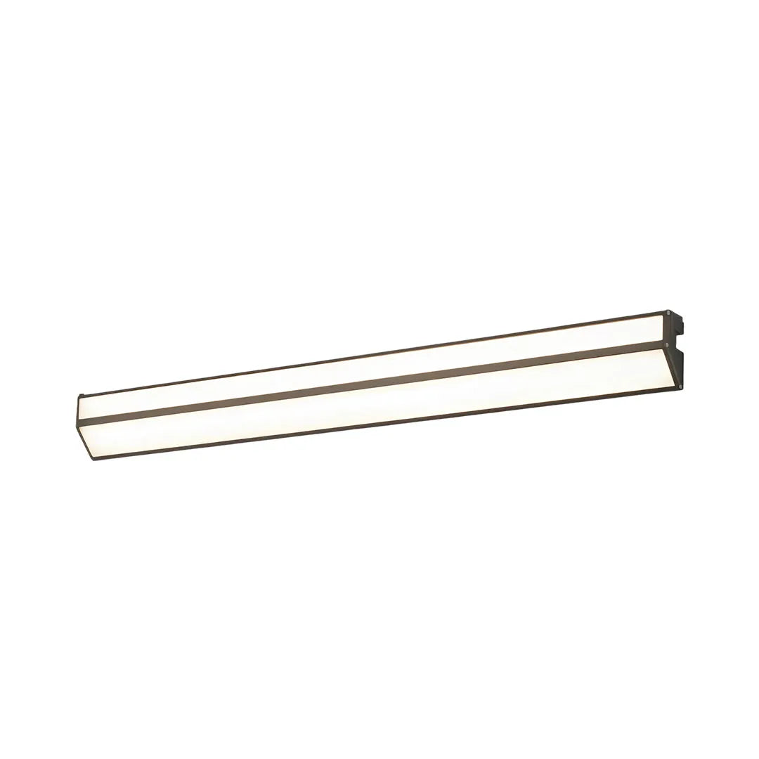 Long LED linear wall sconce in a white background product view with warm illumination.