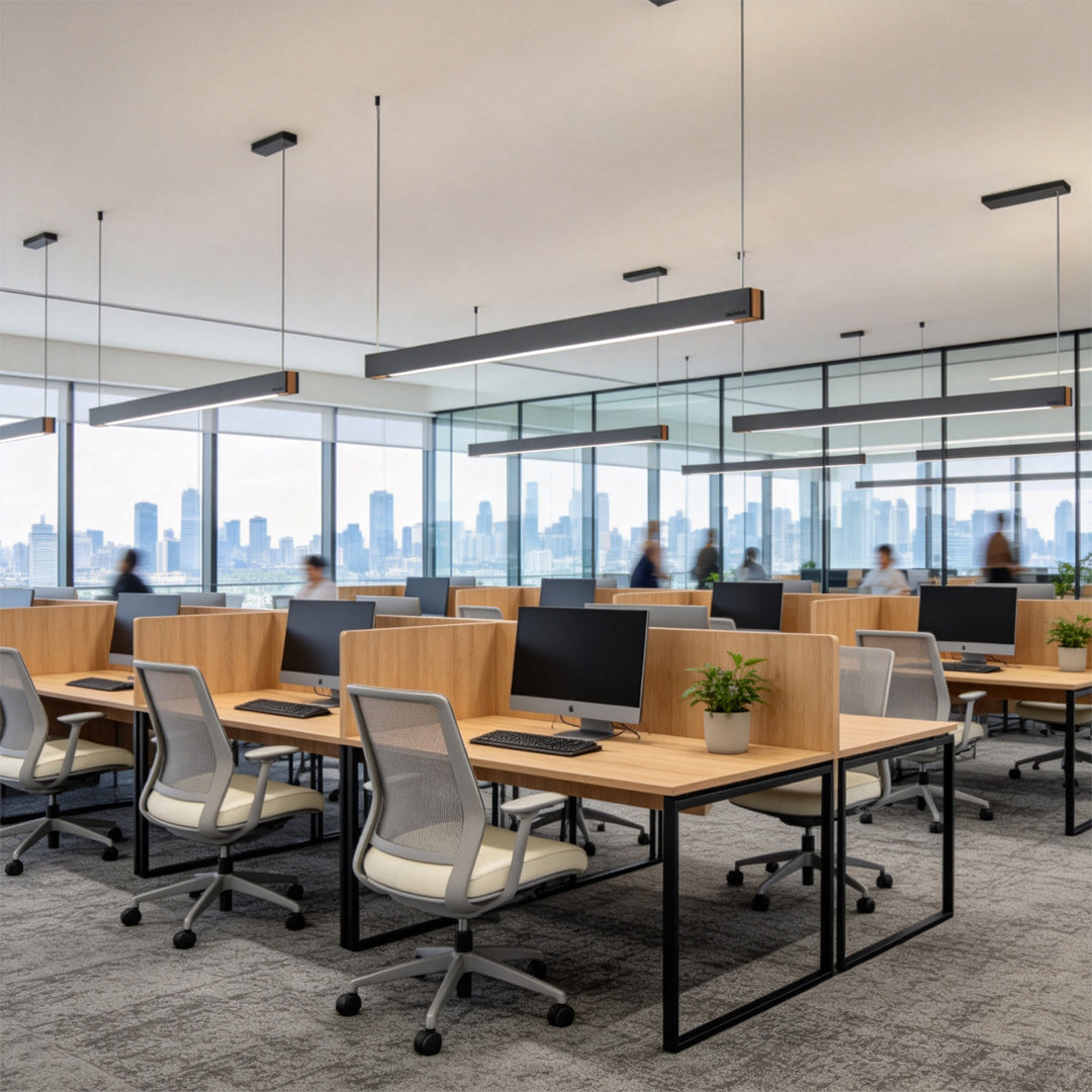Long linear pendant light fixtures installed in a collaborative modern office environment.