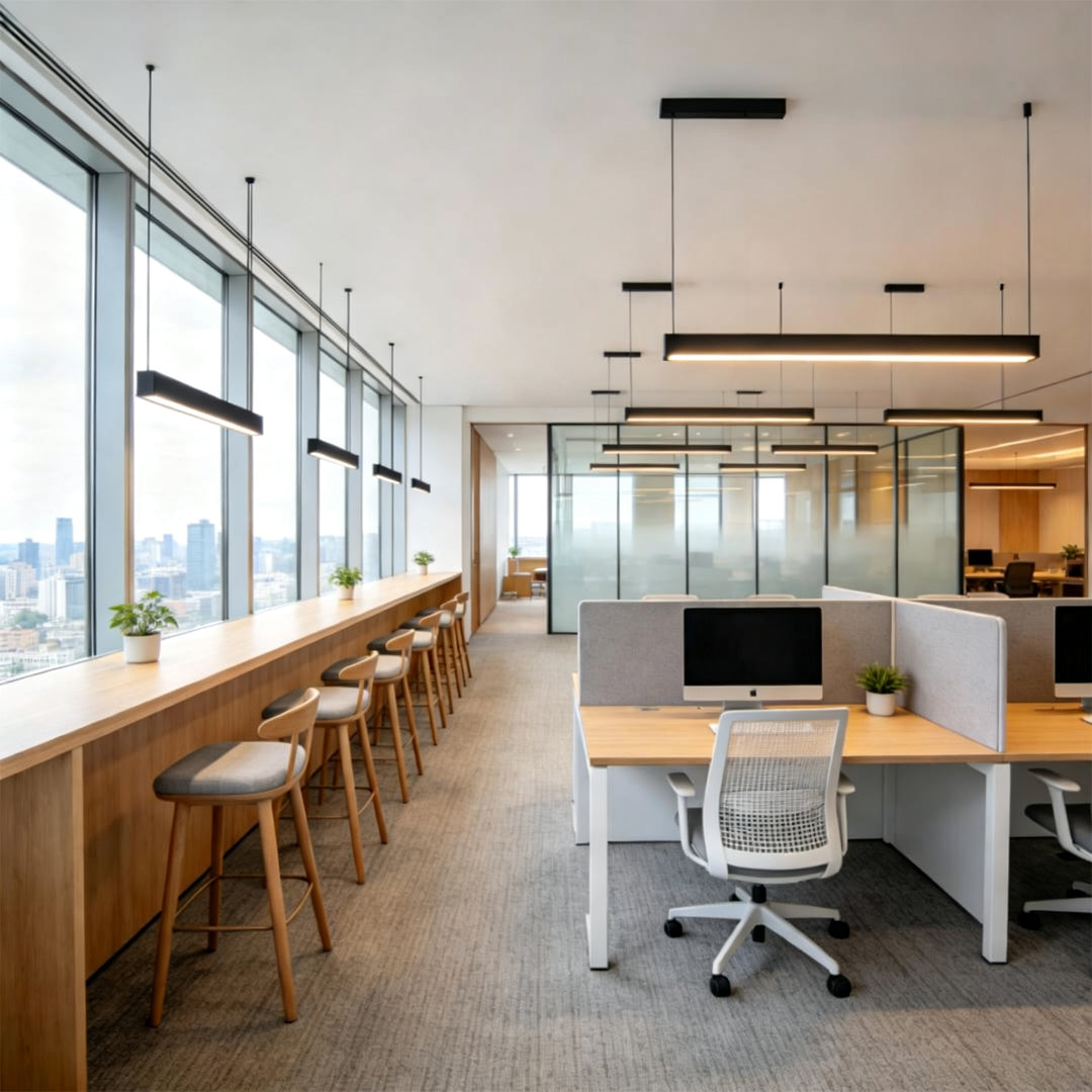 Long linear suspension light installed in a modern commercial office environment.