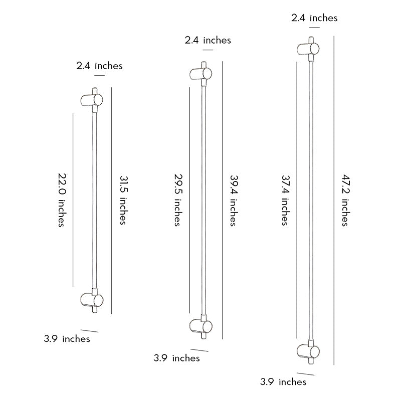 Dimension drawing of long linear wall sconce showing multiple size options for wall installation.