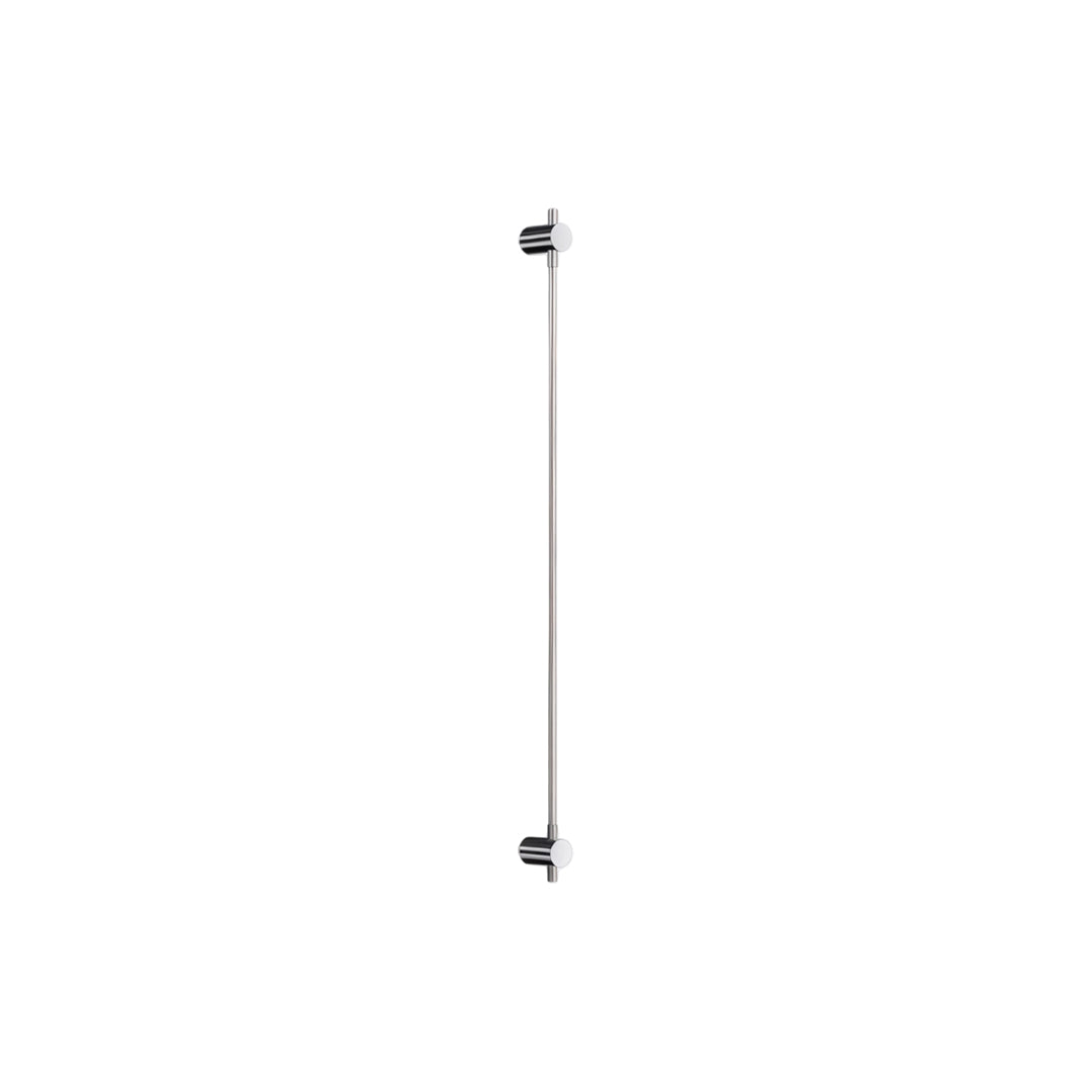 Minimalist long linear wall sconce with slim vertical LED tube and polished metal mounting hardware.