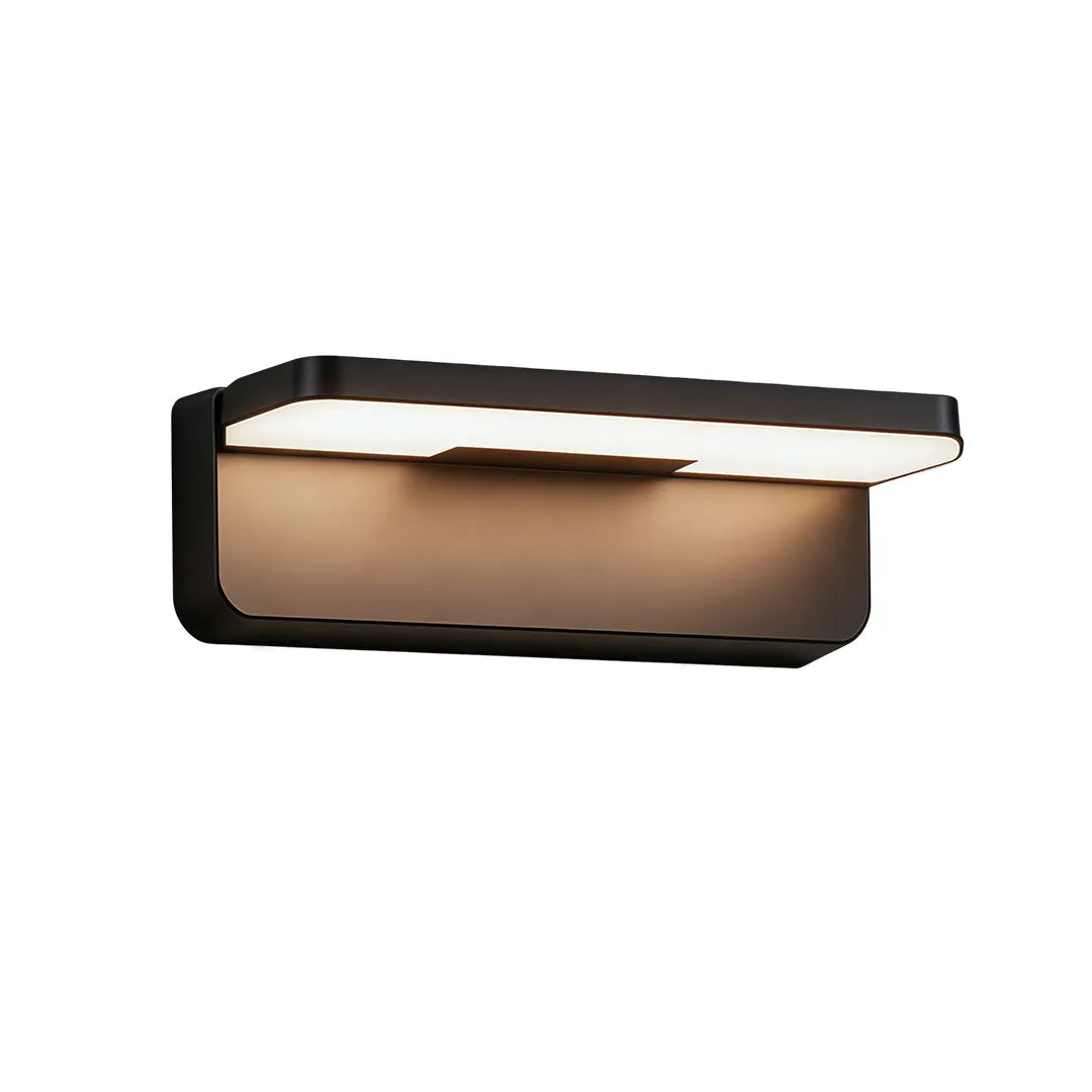Long modern outdoor wall light with black metal housing and warm LED glow