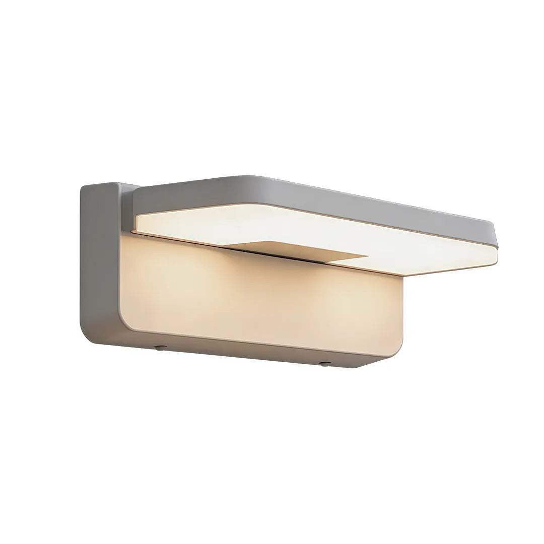 Long modern outdoor wall light with silver metal housing and warm LED illumination