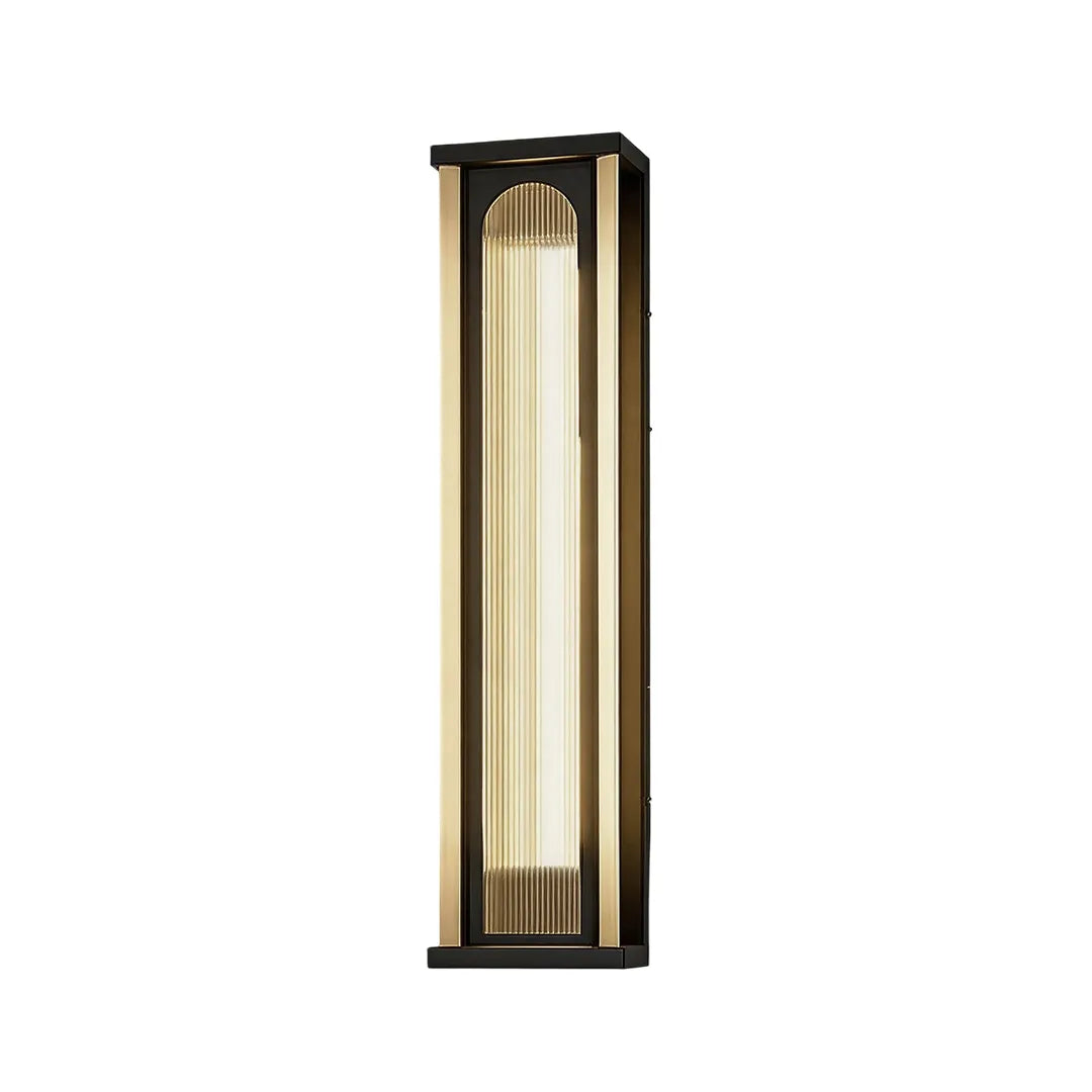 Long outdoor wall sconce with black metal housing and frosted glass diffuser