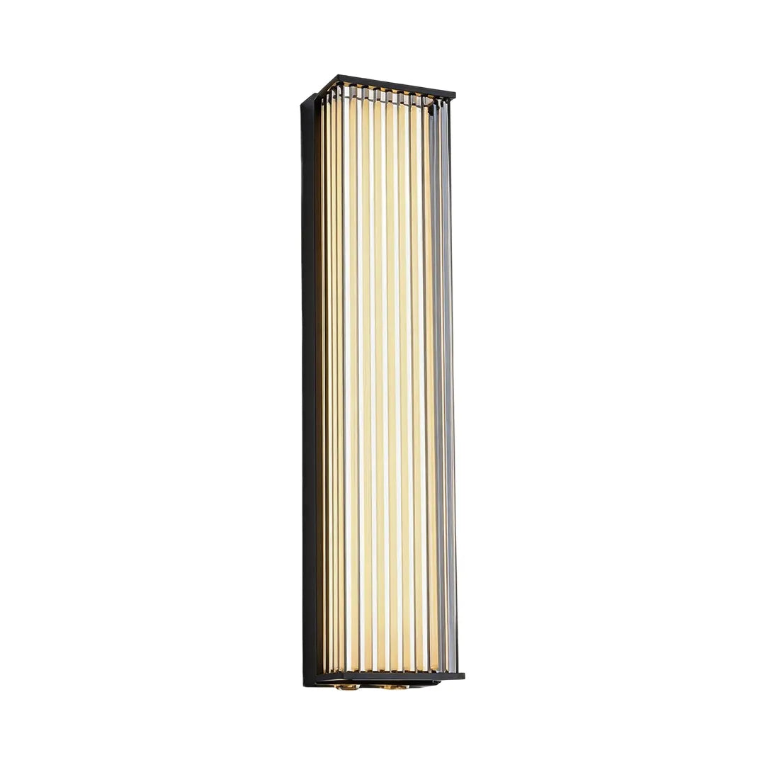 Long outdoor wall sconce with black metal housing and warm LED illumination