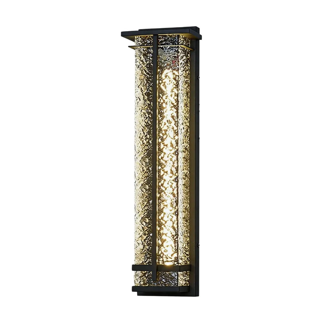 Long outdoor wall sconce with black metal frame and textured glass diffuser