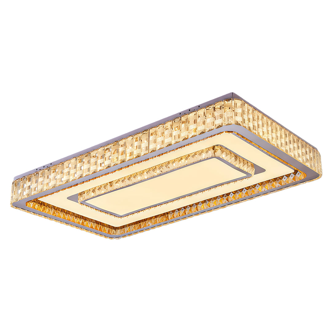 Long rectangular flush mount LED light fixtures with layered crystal frame.
