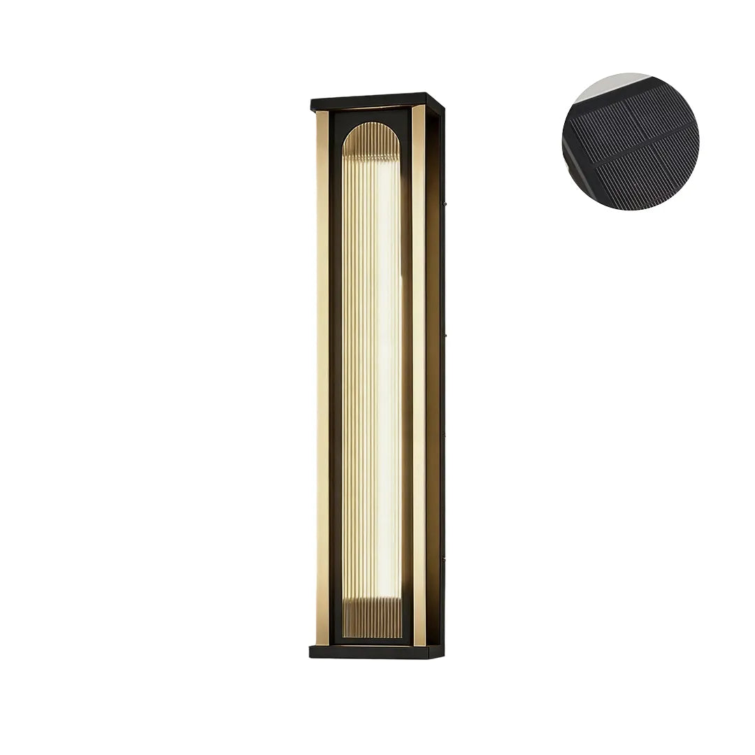 Long solar wall sconce with black metal frame and warm vertical lighting