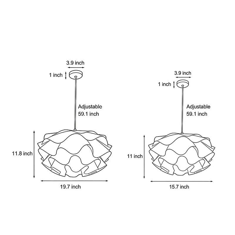 Line drawing of lotus flower pendant light dimensions, providing installation specifications.